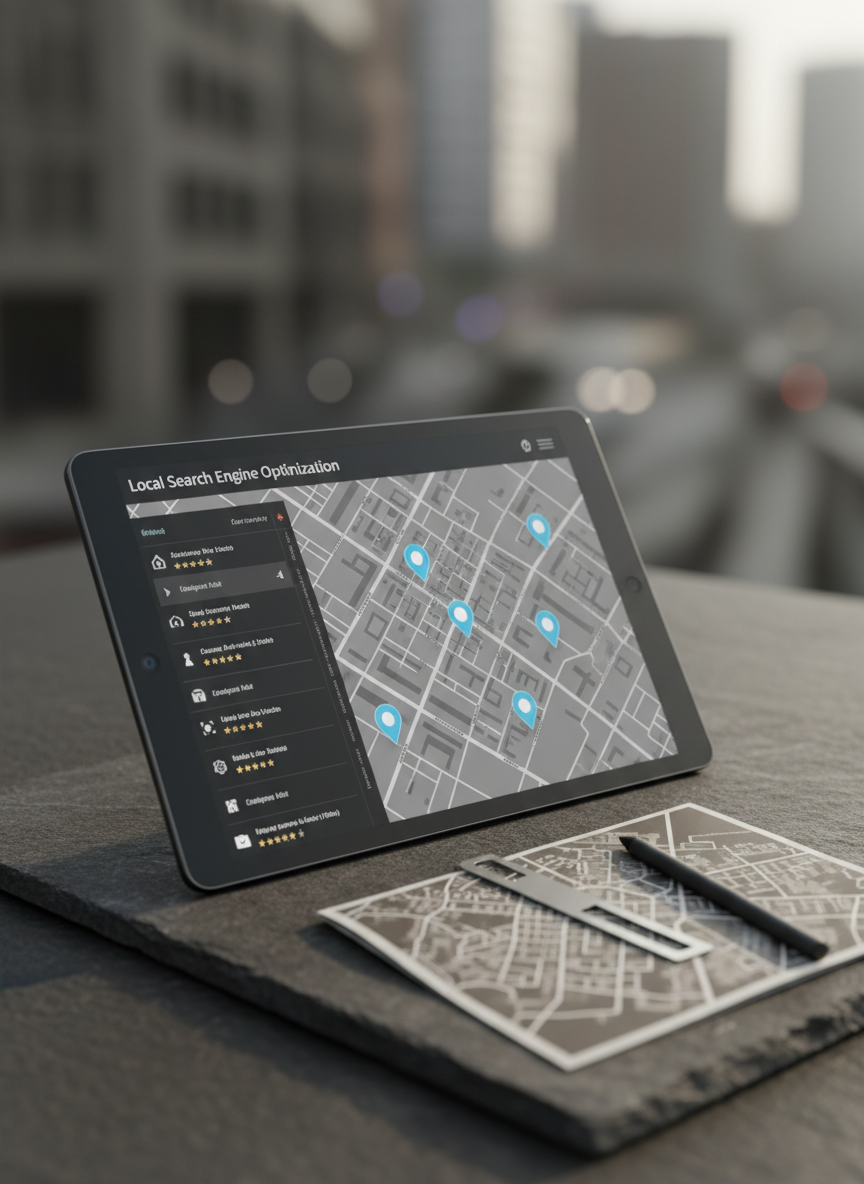 A sleek tablet lying on a dark slate surface, displaying a local SEO map view with multiple blue pins highlighting optimized business locations, alongside a sidebar of structured data snippets and star ratings. Beside the tablet, a precisely folded city map in muted tones, a minimalist metal bookmark, and a slim graphite stylus introduce a subtle geographical theme. The scene is lit by soft, diffused afternoon light from the upper right, creating delicate reflections on the tablet’s glass and gentle shadows on the textured slate. Photographic realism, eye-level composition, and a shallow depth of field emphasize the screen while the background falls into a sophisticated, urban-inspired blur.