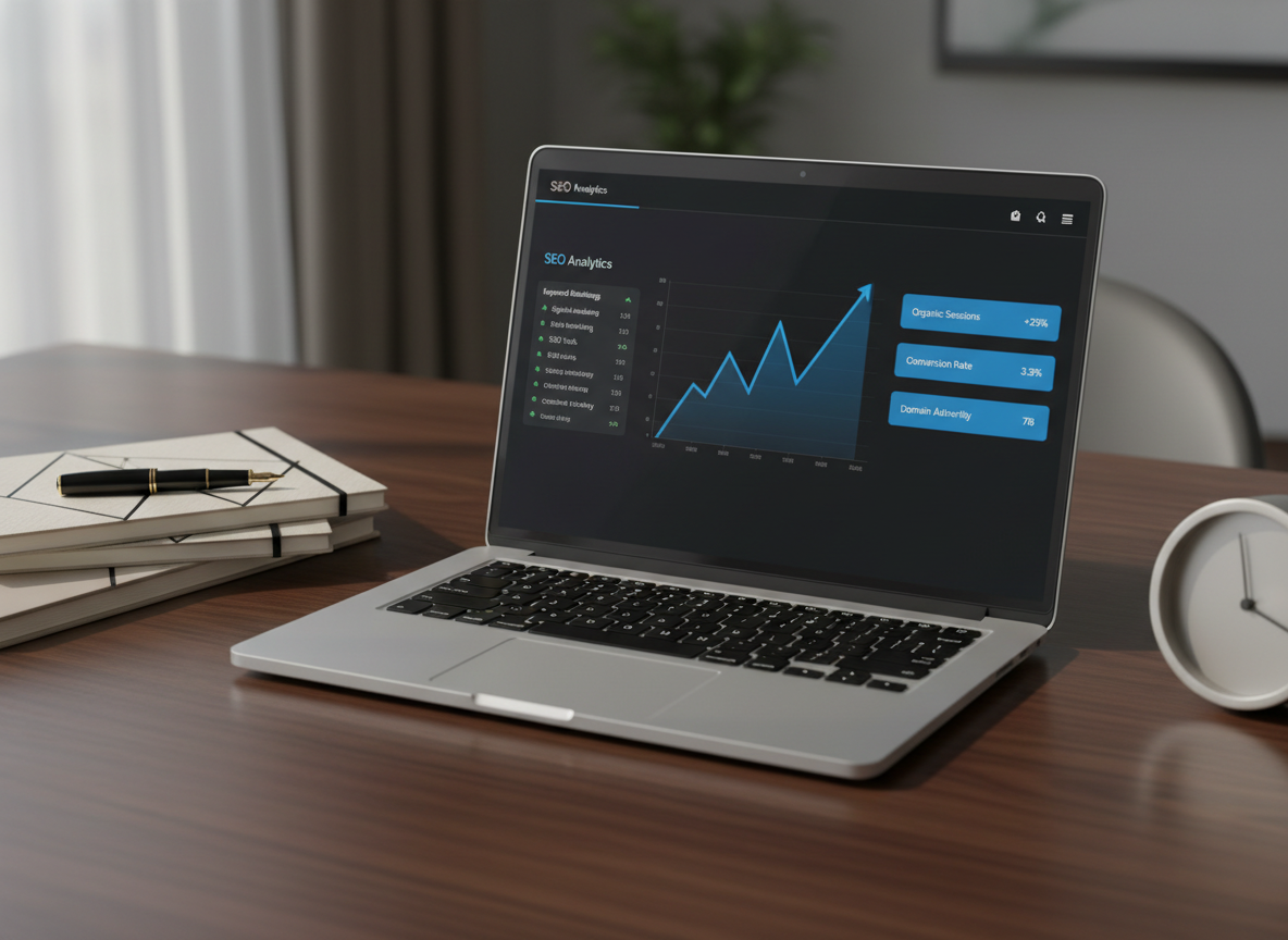 A sleek silver laptop with a crisp SEO analytics dashboard on screen, displaying upward-trending graphs, keyword rankings, and clean blue-highlighted data cards, resting on a dark walnut desk. Around it, neatly arranged notebooks with minimalist covers, an uncapped black fountain pen, and a subtle metallic desk clock create a refined workspace. Soft natural daylight falls from the left through an unseen window, casting controlled shadows and giving the screen a gentle glow. Photographic realism at eye-level with a shallow depth of field keeps the interface in sharp focus while the background fades into a smooth, sophisticated blur, conveying precision, clarity, and high-end digital strategy.