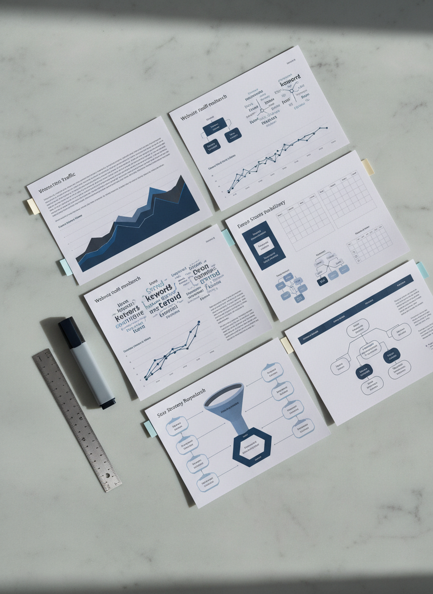 An elegant flat lay of printed SEO strategy documents on textured, soft-gray paper, each page featuring polished blue and charcoal graphs, keyword clusters, content calendars, and funnel diagrams. The sheets are meticulously aligned on a smooth stone surface, accompanied by a slim silver ruler, a muted navy highlighter, and minimalist sticky tabs. Overhead, natural daylight from the top of the frame casts gentle, directional light, creating subtle shadows between the pages. Captured from a bird’s-eye view in photographic realism, the composition feels balanced, refined, and intellectual, suggesting a sophisticated, long-term SEO roadmap created with attention to detail and strategic depth.