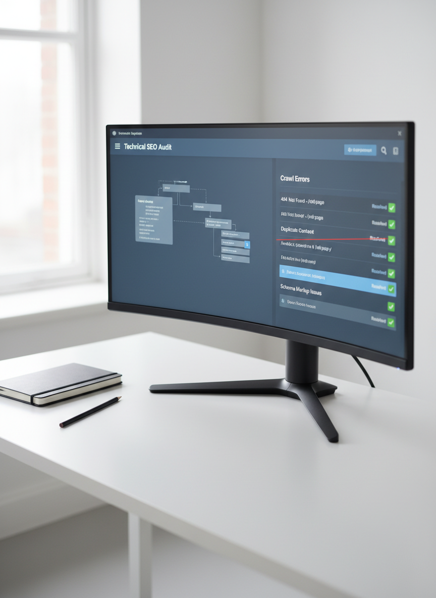 A large, ultra-wide computer monitor on a matte black stand displaying a detailed technical SEO audit report: site architecture diagram, crawl error list, and green checkmarks indicating resolved issues, all in a clean blue and gray interface. The monitor sits on a minimalist white desk beside a closed graphite-gray notebook and a single, elegant black pencil. Cool, diffused daylight from a nearby window illuminates the scene, reflecting softly on the monitor’s edges. Shot from a slightly elevated angle with photographic realism and sharp focus throughout, the composition uses plenty of negative space and a calm, ordered atmosphere to evoke methodical, expert-level SEO work.